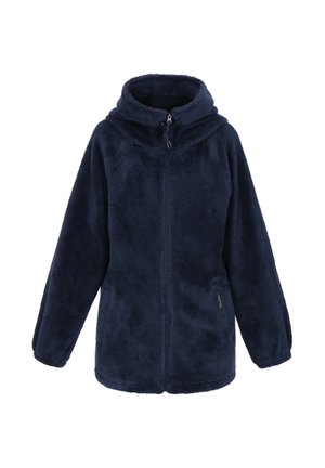 Granatowa kurtka polarowa z przednim zamkiem, kapturem i bocznymi kieszeniami. Miękka w dotyku, o luźnym kroju i lekko zaokrąglonym dole.