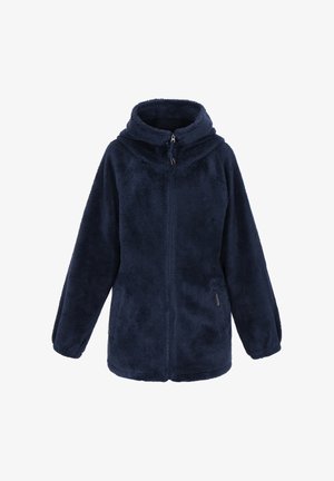 Marineblauwe fleecejas met een ritssluiting aan de voorkant, capuchon en zijzakken. Zachte textuur met een ontspannen pasvorm en een licht afgeronde zoom.