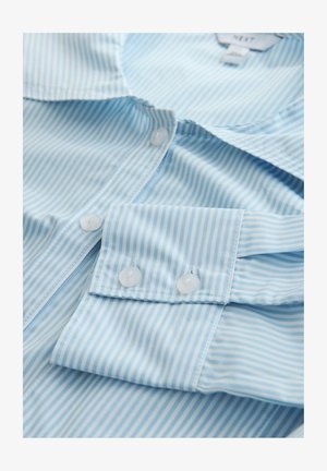 Camicia a maniche lunghe a righe verticali azzurre e bianche con bottoni bianchi e polsino piegato.