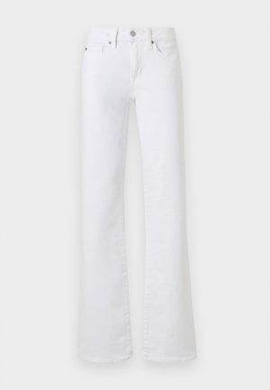 Fehér farmernadrág egyenes szárú szabással, elülső gombolással, cipzáras záródással és öt zsebes kialakítással.