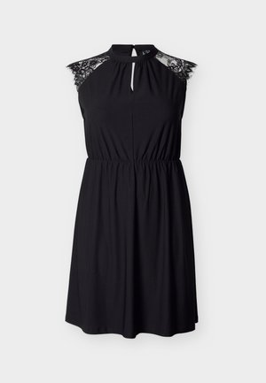 Schwarzes ärmelloses Kleid mit Spitzenverzierung an den Schultern, rundem Ausschnitt und elastischer Taille für eine lockere Passform. Weicher, dehnbarer Stoff.