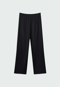 Black, wide-leg trousers featuring a high waistband, front pleats, and a smooth fabric texture. Suitable for formal or casual wear.