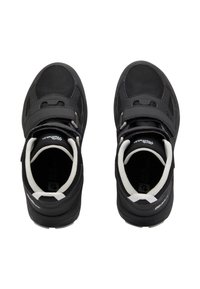 Black hiking shoes with mesh and synthetic material, featuring a strap closure, white accents, and a textured sole for grip.