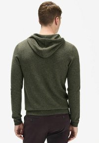 Grön stickad huvtröja med en texturerad yta och huva. Har en figursydd design och ribbade manschetter, sedd bakifrån.