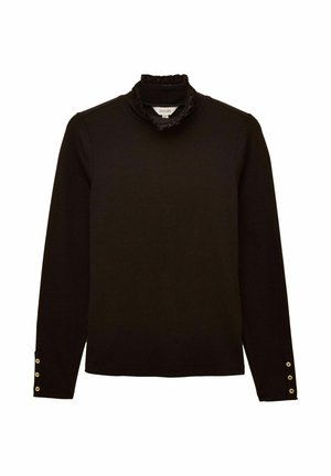 Schwarzes Langarmoberteil mit Rüschensaum am Stehkragen und drei goldenen Knöpfen an jedem Ärmel, schlichtes Design, schmaler Schnitt.