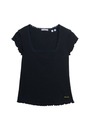T-shirt nero a maniche corte con scollatura quadrata, bordo in pizzo e dettagli arricciati. Presenta un orlo inferiore a onde e un dettaglio del logo dorato.