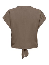 Bluză maro cu mâneci scurte, croială lejeră și detaliu cu nod legat în partea din spate a tivului.