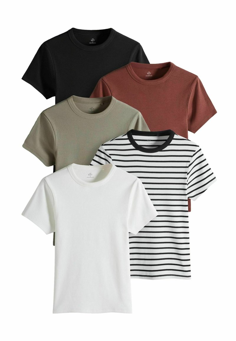 THE SET REGULAR FIT - 5 PACK SHORT SLEEVED   - T-Shirt basic - khaki green burgundy red cream black stripe