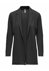 Blazer noir en tissu lisse, avec un col à revers, une ouverture à l'avant, des manches longues et une coupe décontractée. Pas de poches ni de fermetures visibles.