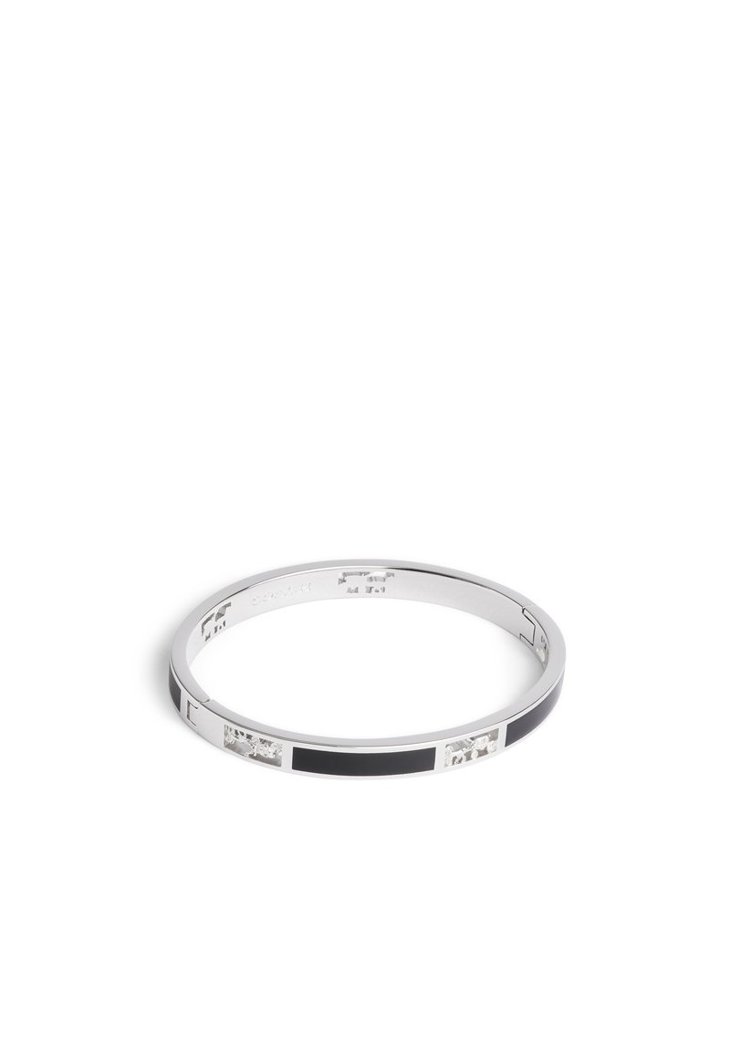 Silberarmband mit rechteckigen schwarzen Emaille-Elementen und klaren Edelstein-Einlagen. Glatte Oberfläche und runde Form.