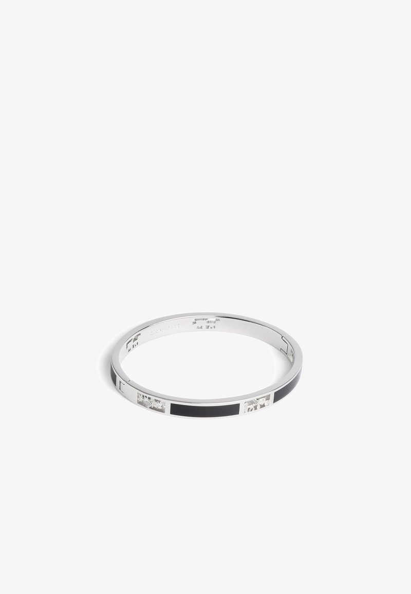 Silberarmband mit rechteckigen schwarzen Emaille-Elementen und klaren Edelstein-Einlagen. Glatte Oberfläche und runde Form.