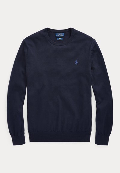 Tumesinine ümarakaelusega kampsun pikkade varrukatega ja väike tikitud Polo Ralph Laureni logo vasakul rinnal.
