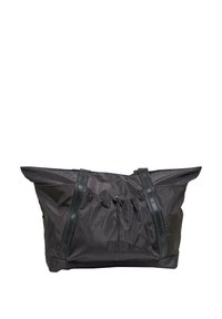 Svart nylon tote-bag med en samlet topp, justerbar snor og holdbare stropper. Har en jevn tekstur og rektangulært hardware-detalj.