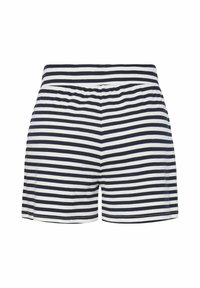 Pruhované kraťasy s navy modrým a bílým vzorem, vyrobené z měkké tkaniny, s elastickým pasem a volným střihem.