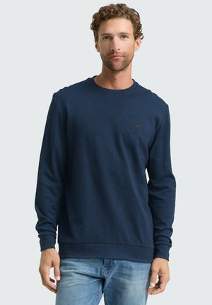 Marineblaues Rundhals-Sweatshirt aus einem strukturierten Stoff, mit langen Ärmeln, gerippten Bündchen und einem kleinen Logopatch auf der Brust.
