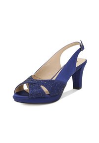 Tacchi slingback blu con punta aperta, realizzati in un tessuto textured e con un accent rhinestone sulla parte anteriore. Design con tacco a blocco.