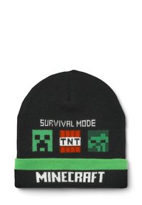 Czarny dzianinowy beanie z grafiką Minecraft, w tym zielone twarze Creepera, napis "TNT" oraz zielony akcent z marką "MINECRAFT".