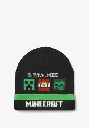 Czarny dzianinowy beanie z grafiką Minecraft, w tym zielone twarze Creepera, napis "TNT" oraz zielony akcent z marką "MINECRAFT".