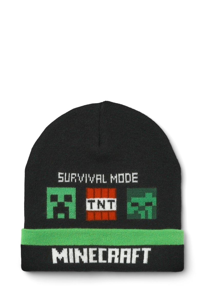 Czarny dzianinowy beanie z grafiką Minecraft, w tym zielone twarze Creepera, napis "TNT" oraz zielony akcent z marką "MINECRAFT".