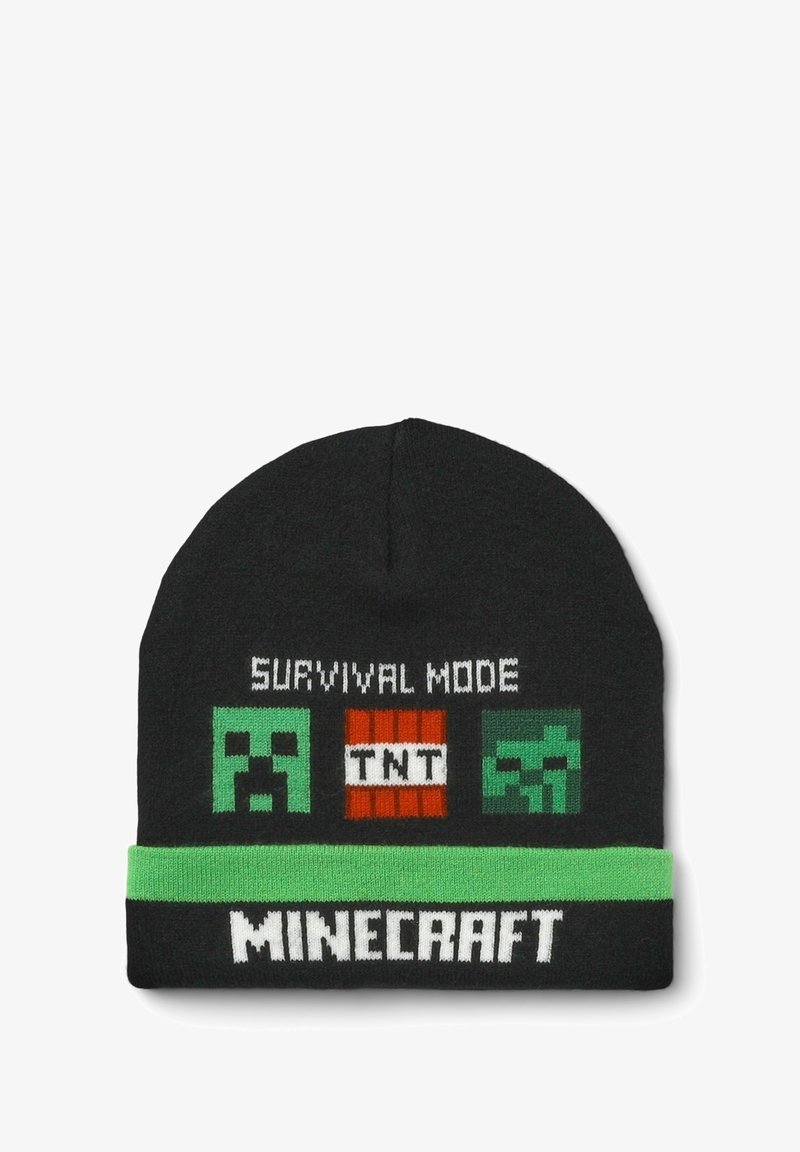 Czarny dzianinowy beanie z grafiką Minecraft, w tym zielone twarze Creepera, napis "TNT" oraz zielony akcent z marką "MINECRAFT".