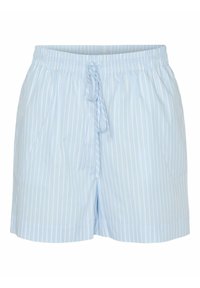 Ljusblå shorts med vertikala vita ränder, elastisk midja, justerbar dragsko och sidofickor. Tillverkade av ett mjukt tyg.