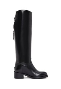Black leather knee-high boot with a rounded toe, modest block heel, side zipper, and smooth texture.