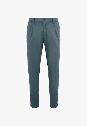 Donkerturquoise, recht gesneden broek met knoop- en ritssluiting, riemlussen en voorplooien.