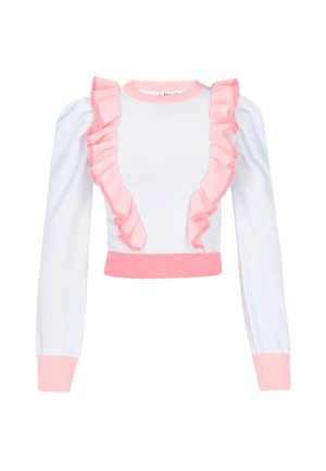 Maglione bianco lavorato a maglia con dettagli arricciati rosa lungo il colletto e le spalle, maniche lunghe e orlo e polsini a coste.