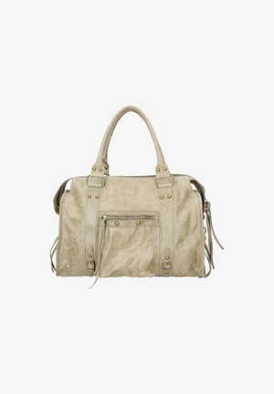 Beige gestructureerde handtas met dubbele handvatten, ritsluiting en gouden studs. Heeft een voorzak met rits en zijfranje voor extra detail.