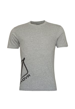 Graues T-Shirt mit kurzen Ärmeln aus Baumwolle, das auf der linken Seite ein schwarzes grafisches Design mit Text und geometrischen Mustern zeigt.