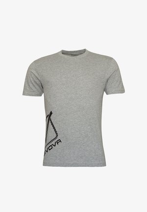 Grey short-sleeve t-shirt made of cotton, featuring a black graphic design on the left side with text and geometric patterns.
