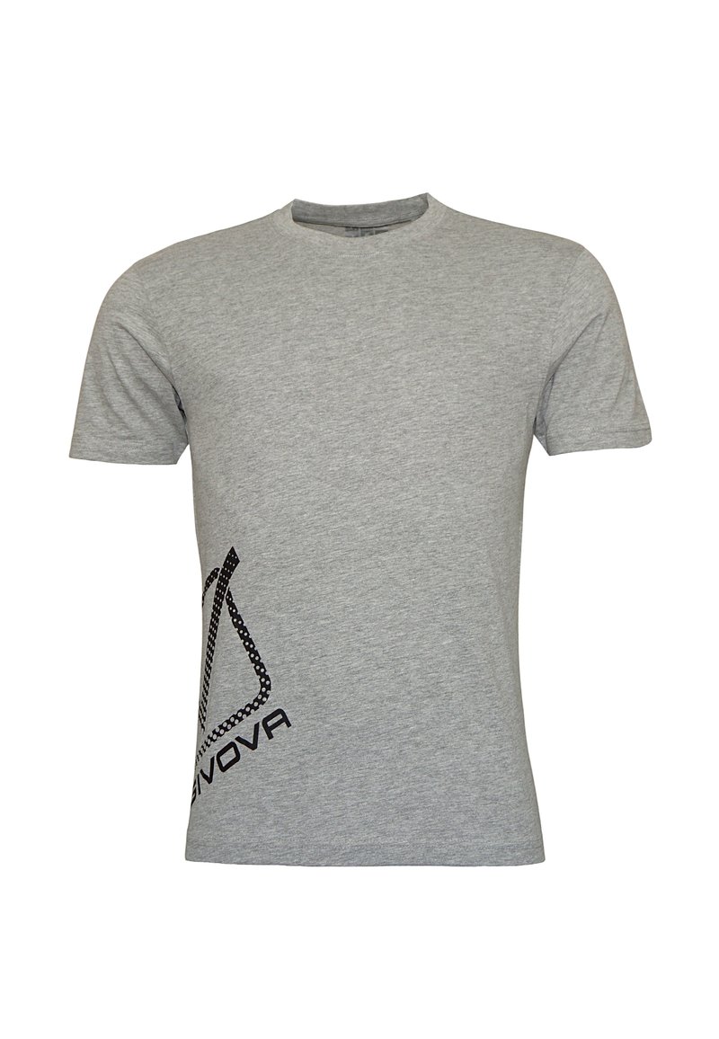 Camiseta gris de manga corta hecha de algodón, con un diseño gráfico negro en el lado izquierdo que incluye texto y patrones geométricos.