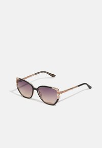 Black and glitter-accented sunglasses with a square frame and gradient purple lenses. Textured arms with gold sparkles blend into the black finish.