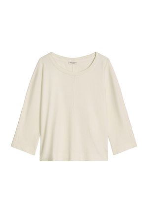 Cremefarbenes Langarmshirt mit Rundhalsausschnitt und mittiger Naht, flach auf weißem Hintergrund präsentiert.