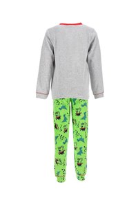 Gray long-sleeve top with a red collar and green fleece pants featuring a cartoon pattern of characters and dinosaurs.