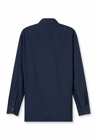 Marineblaue Langarmhemd mit klassischem Kragen, Knopfmanschetten und glatter Textur; einfarbig, keine sichtbaren Muster oder Akzente.