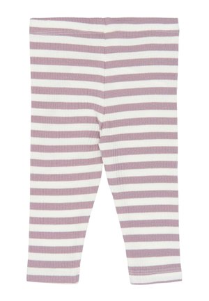 Baby leggings med horisontale lyserøde og hvide striber, ribstrikket tekstur og elastisk talje.