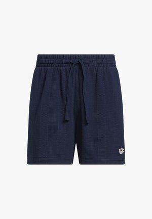 Tummansinisiä urheilushortsit, jotka on valmistettu tekstuurikankaasta. Shortsien elastisessa vyötärössä on naru ja alareunassa pieni logo vasemmalla puolella.