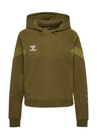 Olive green hooded sweatshirt with a soft texture, contrasting green shoulder panels, and a white logo on the chest. Features ribbed cuffs.