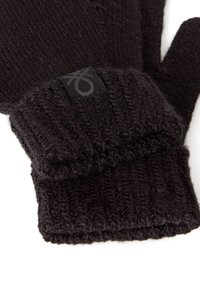 Guantes de lana negra con puños acanalados y un parche con el logo. La textura es suave con un diseño estructurado.