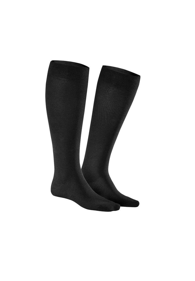 Schwarze Kniestrümpfe aus glattem Material in einfarbigem Design ohne sichtbare Muster oder Akzente, geeignet für den täglichen Gebrauch.