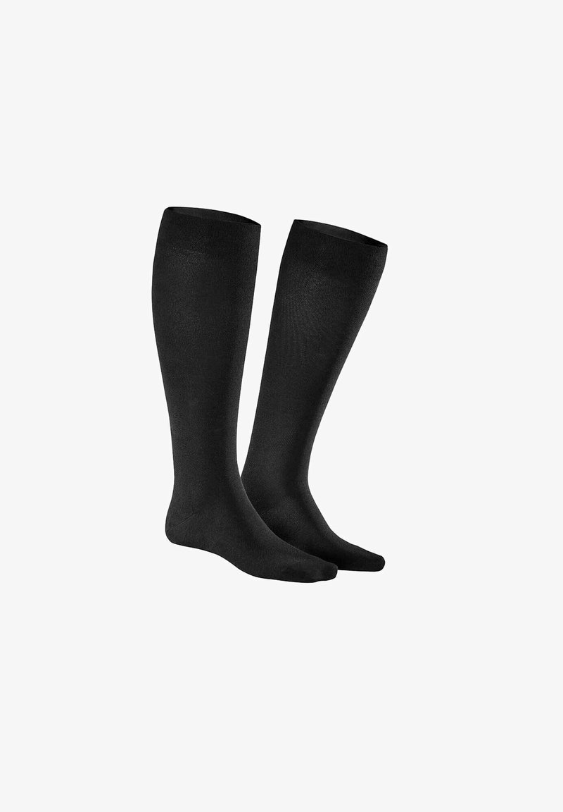 Schwarze Kniestrümpfe aus glattem Material in einfarbigem Design ohne sichtbare Muster oder Akzente, geeignet für den täglichen Gebrauch.