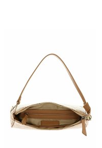 Petit sac à main beige avec une seule bandoulière, fermeture éclair ouverte montrant une poche intérieure zippée et une étiquette en cuir à l'intérieur.