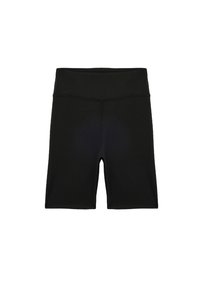 Bermudas de ciclismo negras de talle alto hechas de tejido elástico, con una textura suave y un diseño sencillo sin logotipos ni patrones visibles.