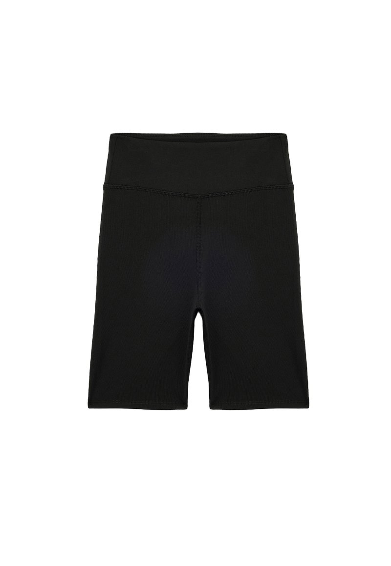 Bermudas de ciclismo negras de talle alto hechas de tejido elástico, con una textura suave y un diseño sencillo sin logotipos ni patrones visibles.