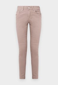 Vaqueros ajustados en un suave color malva, hechos de una tela de mezcla de algodón lisa, con diseño clásico de cinco bolsillos y cierre de botón frontal.