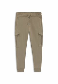 Beige Cargo-Jogginghosen mit elastischem Bund, Kordelzugverschluss, seitlichen Taschen und Cargotaschen an beiden Beinen. Glatte Textur, enganliegende Bündchen.