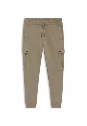 Pantaloni cargo beige con vita elastica, chiusura con cordino, tasche laterali e tasche cargo su entrambe le gambe. Tessuto liscio, polsini aderenti.