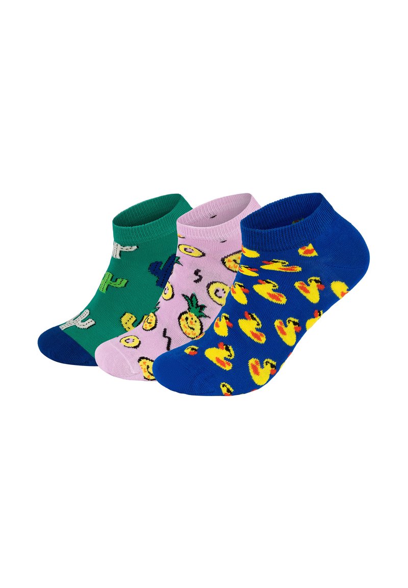 Three pairs of ankle socks: green with cactus pattern, pink with happy faces and pineapples, and blue with yellow rubber ducks. Cotton blend.