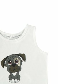 White sleeveless tank top featuring a cartoon graphic of a sitting gray dog with large eyes, black ears, and a white collar at the bottom.